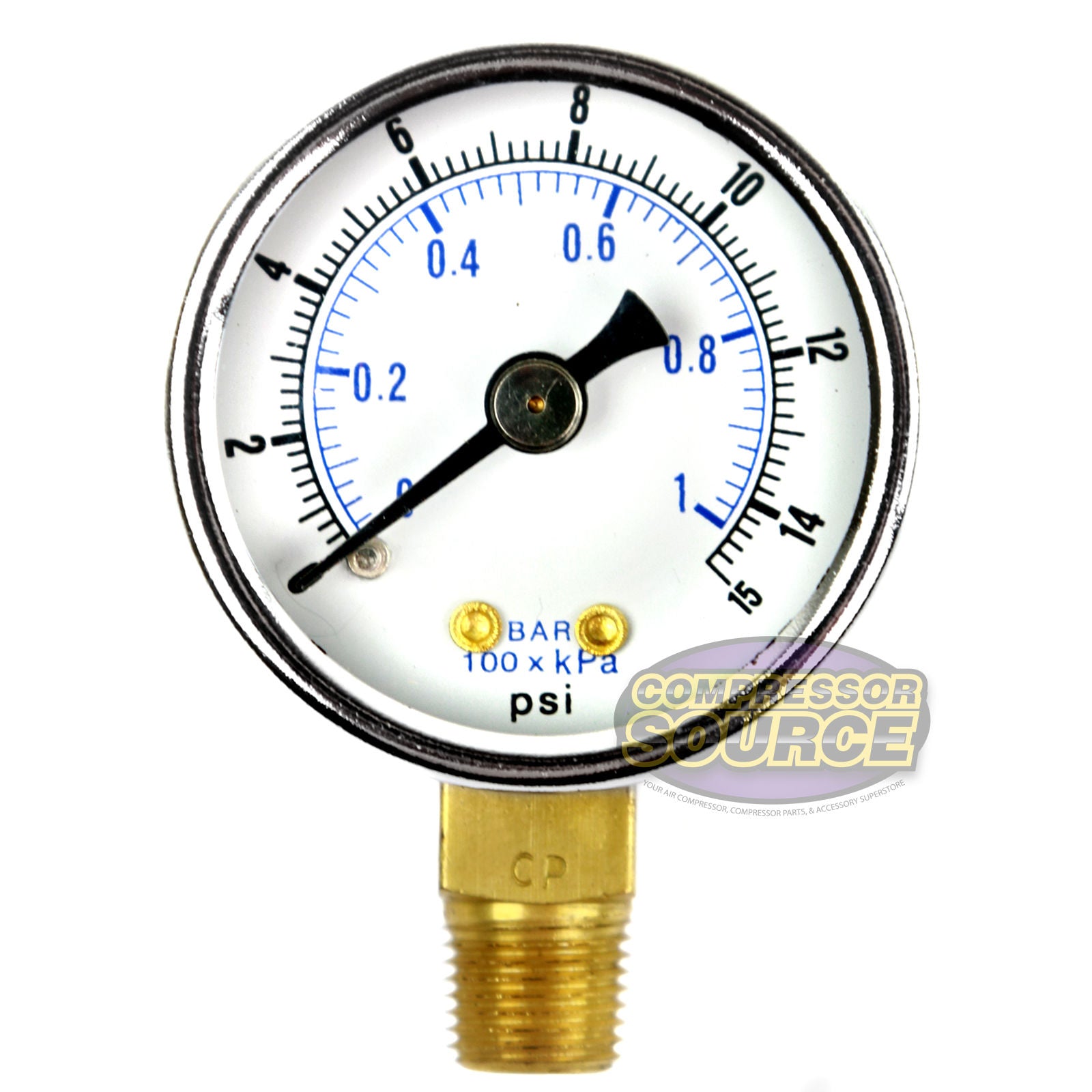 1.5" Face 1/8" NPT 0-15 PSI Pressure Gauge Lower Side Mount