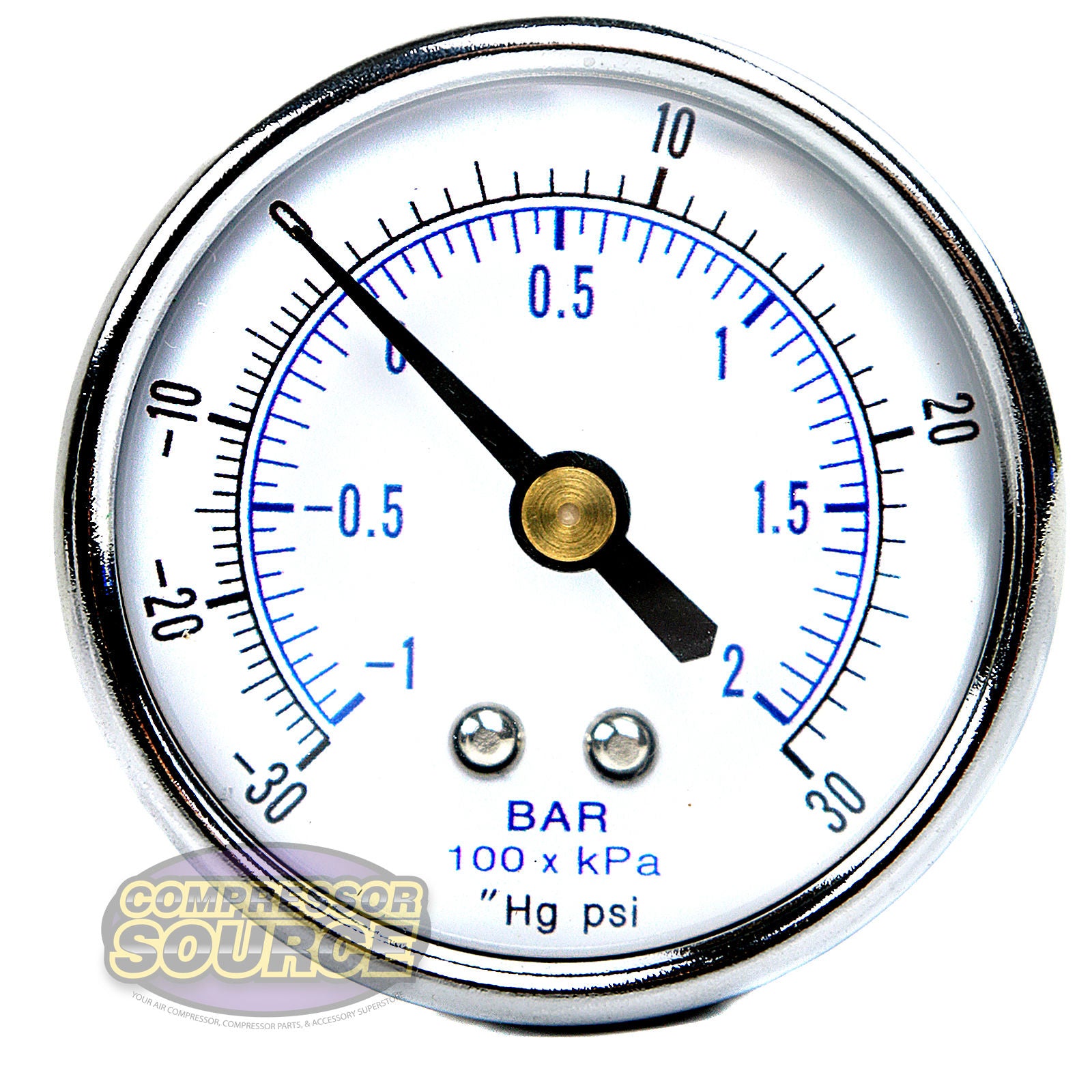2" Face 1/4" NPT -30-0-30 PSI Vacuum Pressure Gauge Center Back Mount