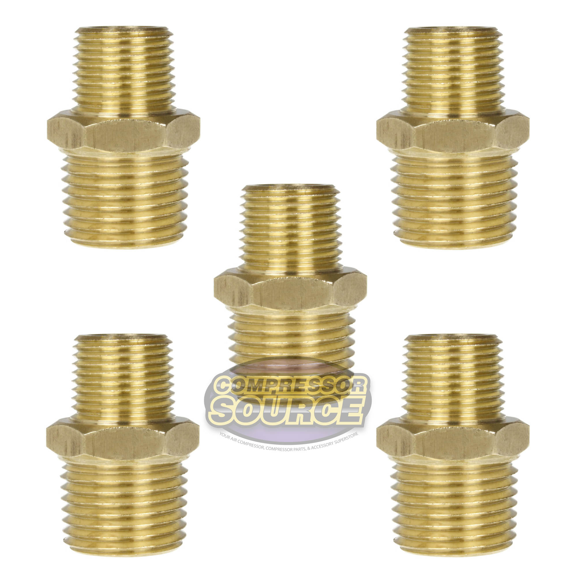 5 Pack 1/2" x 3/8" Male NPTF Pipe Reducing Hex Nipple Solid Brass Pipe Fitting