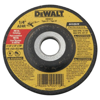 DeWalt Type 27 HP Metal Grinding Wheels, 4-1/2 in, 7/8 in, 13300 rpm, 25/BX, #DW4514