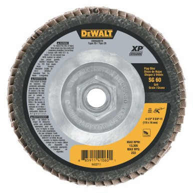 DeWalt XP Ceramic Type 27 Flap Discs, 4 1/2 in, 60 Grit, 5/8 in- 11 Arbor, 5/PK, #DWA8281H