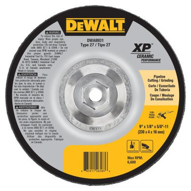 DeWalt Grinding Wheels, 9 in Dia., 1/8 in Thick, 5/8 in - 11 Arbor, 24 Grit, Ceramic, 10 EA, #DWA8931