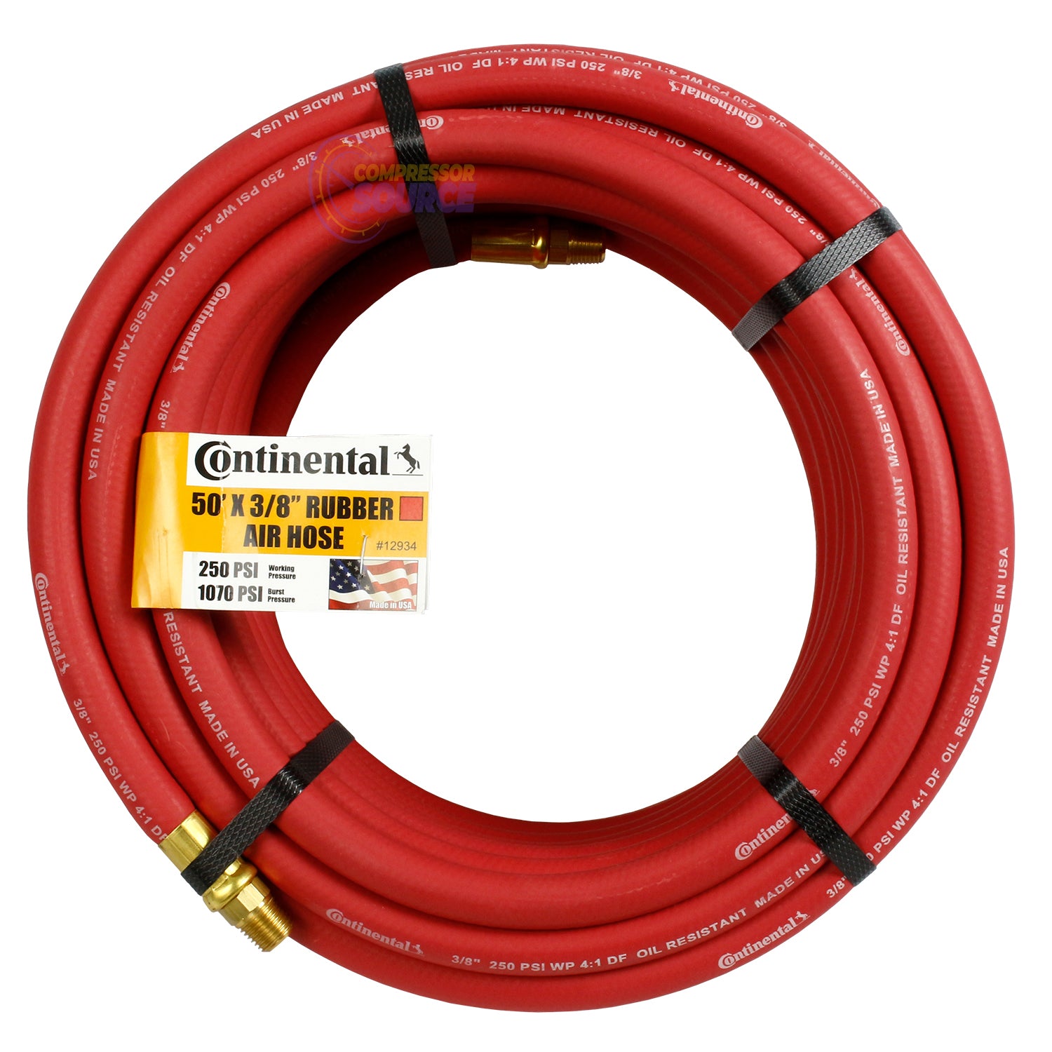 50 ft. x 3/8" NPT Air Hose 250 PSI Oil-Resistant Rubber Continental Red 12934-GRIP