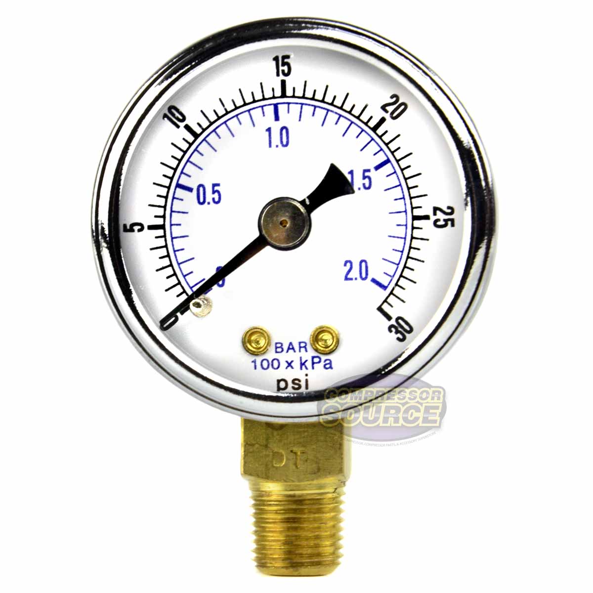 1.5" Face 1/8" NPT 0 - 30 PSI Pressure Gauge Lower Side Mount