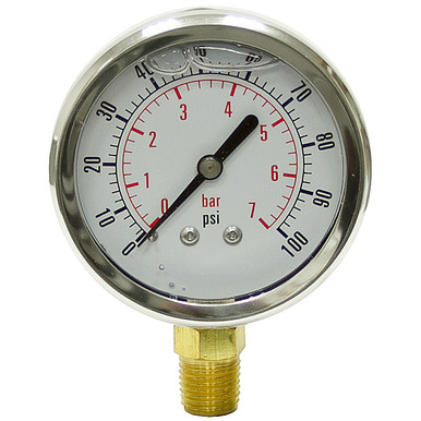 100 PSI Pressure 2.5" Dia. Liquid Filler Lower Mount 1/4" NPT Stainless Steel Gauge Dynamic CF1P-007-A