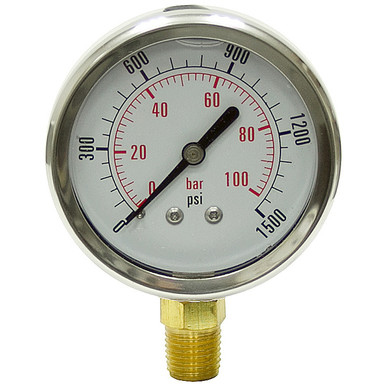 1500 PSI 100 BAR Pressure 2.5" Dia. Liquid Filled Lower Mount 1/4" NPT Stainless Steel Gauge Dynamic CF1P-100-A