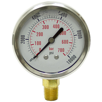 10000 PSI 700 BAR Pressure 2.5" Dia. Liquid Filler Lower Mount 1/4" NPT Stainless Steel Gauge Dynamic CF1P-700-A