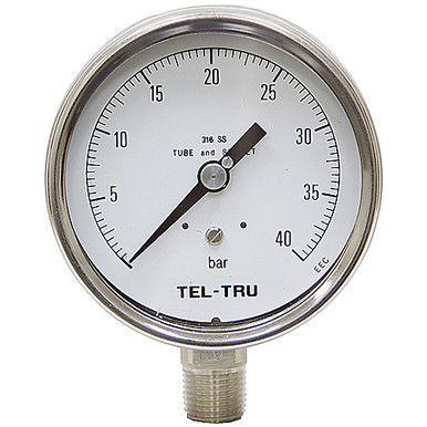 40 Bar Pressure 4" Dia. DryLower Mount 1/2" NPT Stainless Steel Gauge Tel-Tru 4030SS2L1D1B