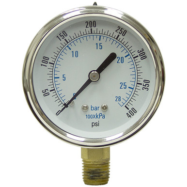 400 PSI 28 BAR Pressure 2.5" Dia. Dry Lower Mount 1/4" NPT Steel Gauge