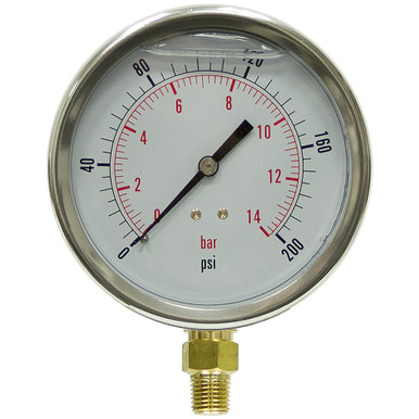 200 PSI 14 BAR Pressure 4" Dia. Liquid Filled Lower Mount 1/4" NPT Stainless Steel Gauge Dynamic PDLC-2P-015-A