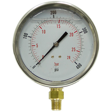 400 PSI 28 BAR Pressure 4" Dia. Liquid Filled Lower Mount 1/4" NPT Stainless Steel Gauge Dynamic PDLC-2P-025-A