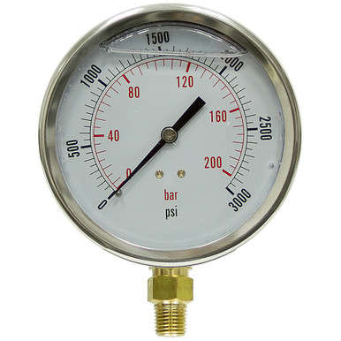 3000 PSI 200 BAR Pressure 4" Dia. Liquid Filled Lower Mount 1/4" NPT Stainless Steel Gauge Dynamic PDLC-2P-210-A