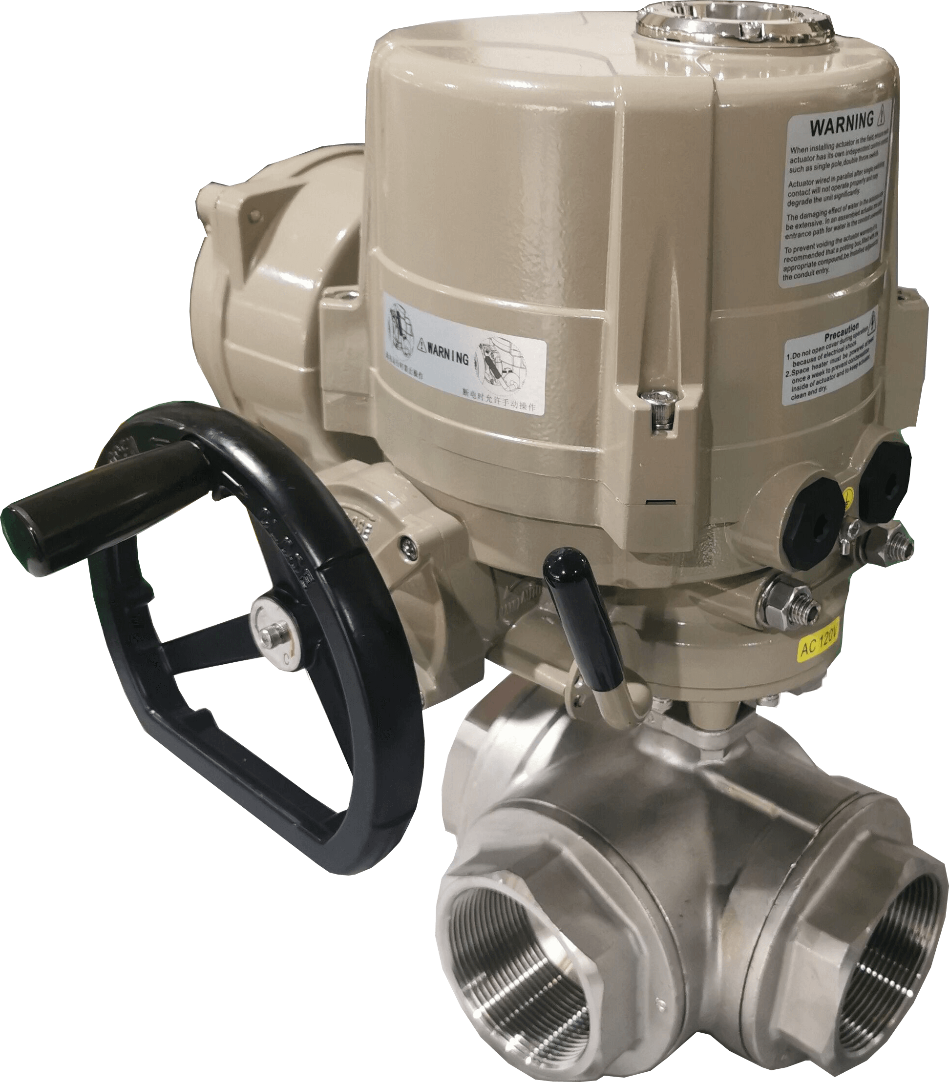 Electric Actuator Stainless Steel 3-Way Ball Valve, 3 Inch Threaded, PTFE Seat