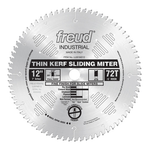 Freud Sliding Miter LU91M CT Crosscut Saw Blade 12" x 72T