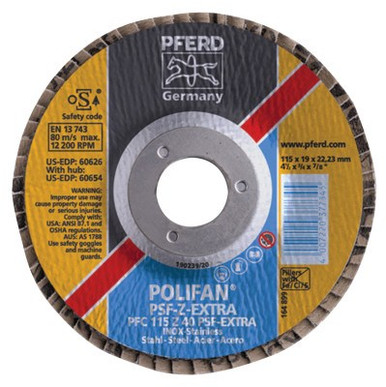 Pferd POLIFAN PSF-EXTRA Flap Discs, 4 1/2 in, 40 Grit, 7/8 in Arbor, 13,300 rpm, 10/PK, #60626