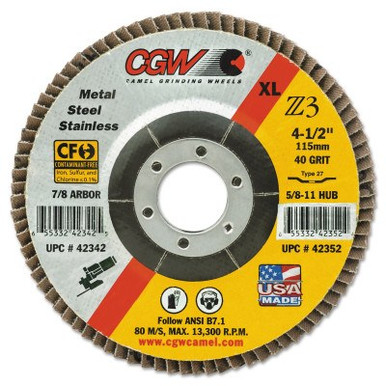 CGW Abrasives Prem Z3 Reg T27 Flap Disc, 7", 40 Grit, 7/8 Arbor, 8,600 rpm, 10/BX, #42702