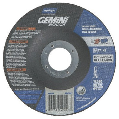 Norton Depressed Center Wheel, 4.5 in Dia, 4 1/2 in Thick, 24 Grit Alum. Oxide, 25/BX, #66252842026