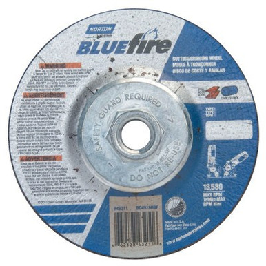 Norton Depressed Center Wheel, 4 1/2 in Dia, 1/8 in Thick, 5/8 Arbor, Zirconia Blend, 10/PK, #66252843211
