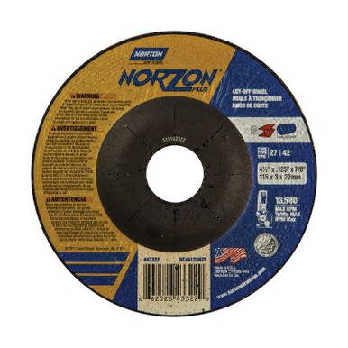 Norton NorZon Plus Cutting Wheels, Zirconia Alumina, 4 1/2 in Dia, 7/8 in Arbor, 24 Grit, 1 EA, #66252843322
