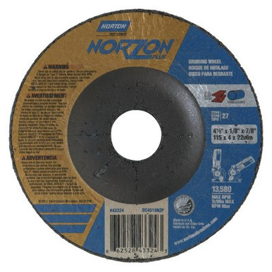 Norton Type 27 NorZon+ Depressed Center Wheel, 4 1/2" Dia, 1/8" Thick, 7/8" Arbor, 1 EA, #66252843324