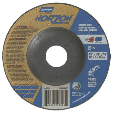 Norton Type 27 NorZon+ Depressed Center Wheel, 5" Dia, 5/8" Thick, 5/8" Arbor, 20 Grit, 10/BX, #66252843332