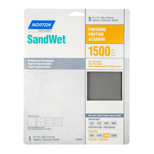 Norton SandWet Sandpaper, 9" x 11", 1,500 Grit
