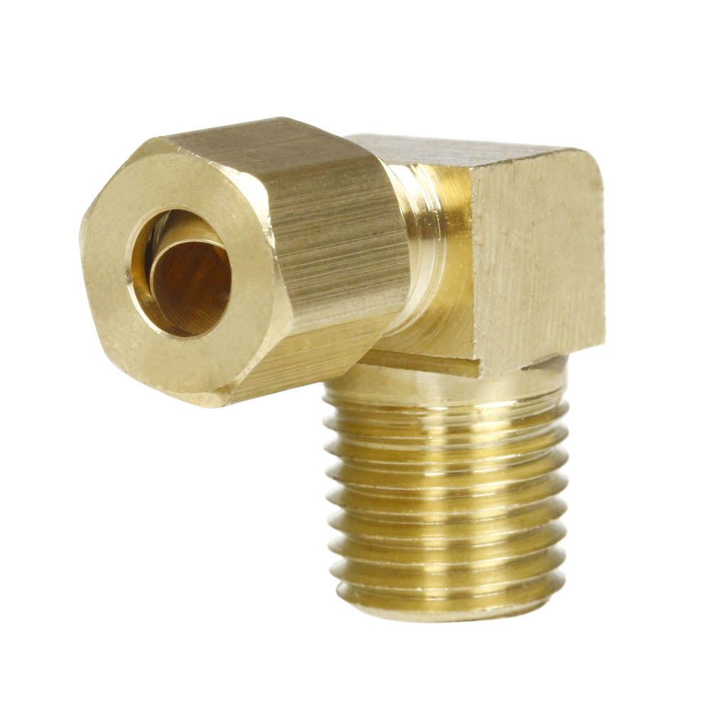1/4" x 1/4" Tube OD x Male NPTF 90° Degree Barstock Elbow Brass Fitting