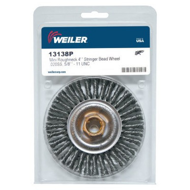 Weiler Roughneck Stringer Bead Wheel, 4 in D x 3/16 W, .02 Stainless Wire, Retail Pack, 5/PK, #13138P