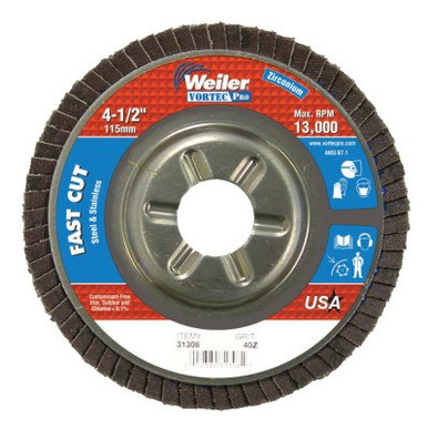 Weiler Vortec Pro Abrasive Flap Discs,4.5", 40 Grit, 7/8 Arbor, 13,000 rpm, Alum Back, 10/BX, #31308
