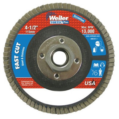 Weiler 4-1/2" Abrasive Flap Disc, Flat, Phenolic Backing, 4 oz, 10/CT, #31408