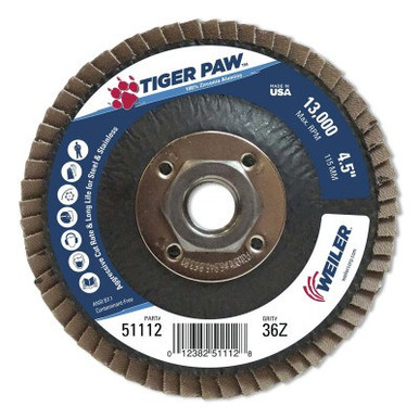 Weiler Tiger Paw Coated Abrasive Flap Discs, 4 1/2", 36 Grit, 5/8 Arbor, Phenolic Back, 10/CT, #51112