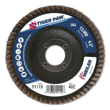 Weiler Tiger Paw TY29 Coated Abrasive Flap Disc, 4 1/2",40 Grit, 7/8 Arbor, 13,000 RPM, 10/CT, #51119