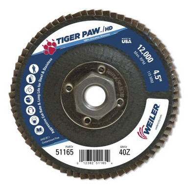Weiler Tiger Paw? Super High Density Flap Disc, 4-1/2 in, 40 Grit, 5/8 Arbor, 12,000 RPM, 10/CT, #51165