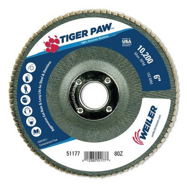Weiler Tiger Paw? TY29 Coated Abrasive Flap Disc, 6 in, 80 Grit, 7/8 in Arbor, 10/BX, #51177