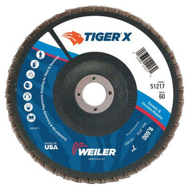 Weiler TIGER X Flap Disc, 7 in Angled, 60 Grit, 7/8 in Arbor, 10/PK, #51217