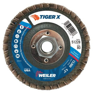 Weiler Tiger X Flap Disc, 4-1/2 in Flat, 80 Grit, 5/8 in - 11 Arbor, 10/PK, #51228
