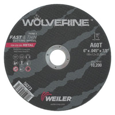 Weiler Wolverine Thin Cutting Wheels, 6 in x .045 in, 7/8 Arbor, 60 Grit, T, Type 1, 1 EA, #56273