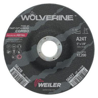 Weiler Wolverine Combo Wheels, 5 in Dia, 1/8 in Thick, 7/8 in Arbor, 24 Grit, T, 25/PK, #56428