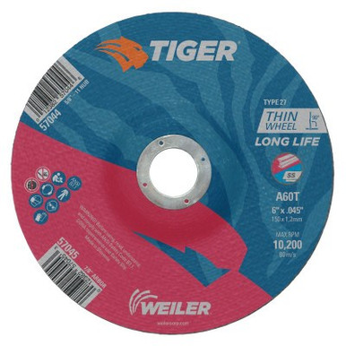 Weiler Tiger Thin Cutting Wheels, 6 in Dia, .045 in Thick, 7/8 in Arbor, Grit 60, 25/PK, #57045