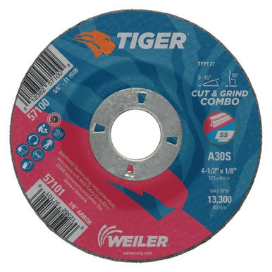 Weiler Tiger Combo Wheels, 4 1/2 in Dia, 7/8 in Arbor, 30 Grit, 25/PK, #57101