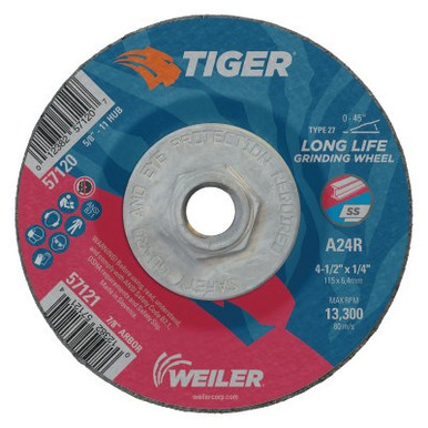 Weiler Tiger Grinding Wheels, 4 1/2 in Dia, .045 in Thick 5/8"-11 Arbor, 10/PK, #57120