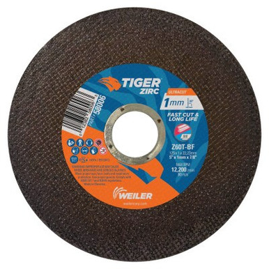 Weiler Tiger Zirconia Ultracut Thin Cutting Wheel, 5", 7/8" Arbor, 60, 12200 rpm, 50/BX, #58006