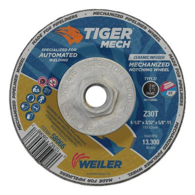 Weiler 4-1/2 in X 3/32 in Tiger Mechanized Pipeliner, Z30T, Type 27, 5/8 in -11 Nut, 10/BX, #58066
