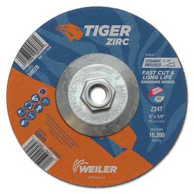 Weiler Tiger Zirc Grinding Wheels, 6 in Dia., 1/4 in Thick, 24 Grit, Zirconium, 10/BX, #58078