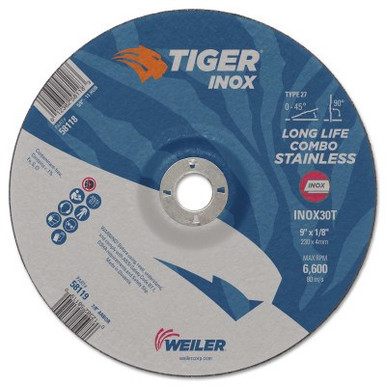 Weiler Tiger Inox Combo Wheels, 9 in Dia., 1/8 in Thick, 7/8 in Arbor, 30 Grit, 10/PK, #58119