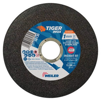 Weiler Tiger INOX Ultracut Thin Cutting Wheel, 4 1/2", 7/8" Arbor, 60, 13300 rpm, 50/PK, 50/BX, #58130