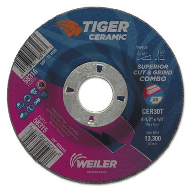 Weiler Tiger Ceramic Combo Wheels, 4.5 in Dia, 1/8 in Thick, 7/8 in Arbor, 24/bx, 25/BX, #58315