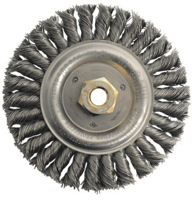 Weiler Dually? Stainless Steel Wheel Brush 0.023 in Bristle Diameter, 6 in Outside Diameter, 5/8 in - 11 UNC Center Hole Size, 5/BX, #79814