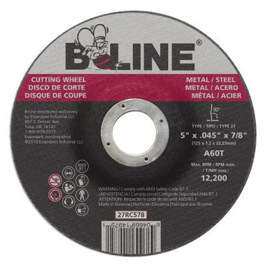 B-Line Depressed Ctr Cutting Wheel, 5 in dia, 0.045 in Thick, 7/8 in Arbor, 60 Grit, 25/BX, #90899