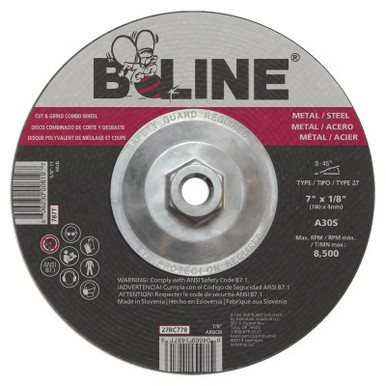 B-Line Depressed Ctr Combo Wheel, 7 in dia, 1/8 in Thick, 7/8 in Arbor, 30 Grit, 10/BX, #90904